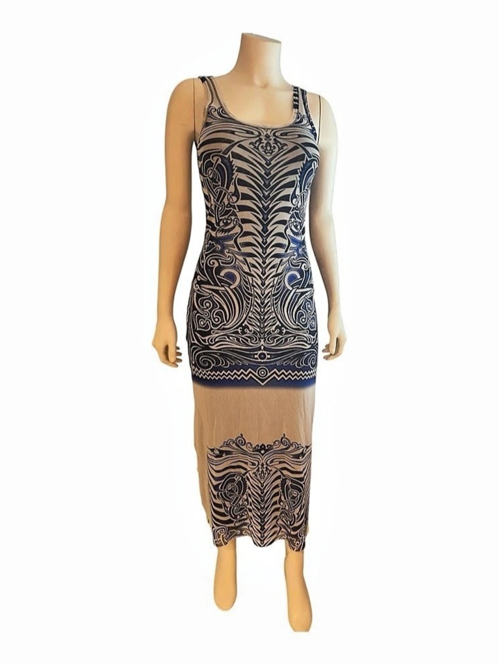 Jean Paul Gaultier Tattoo Print Double-Layer Mesh Midi Dress Size M